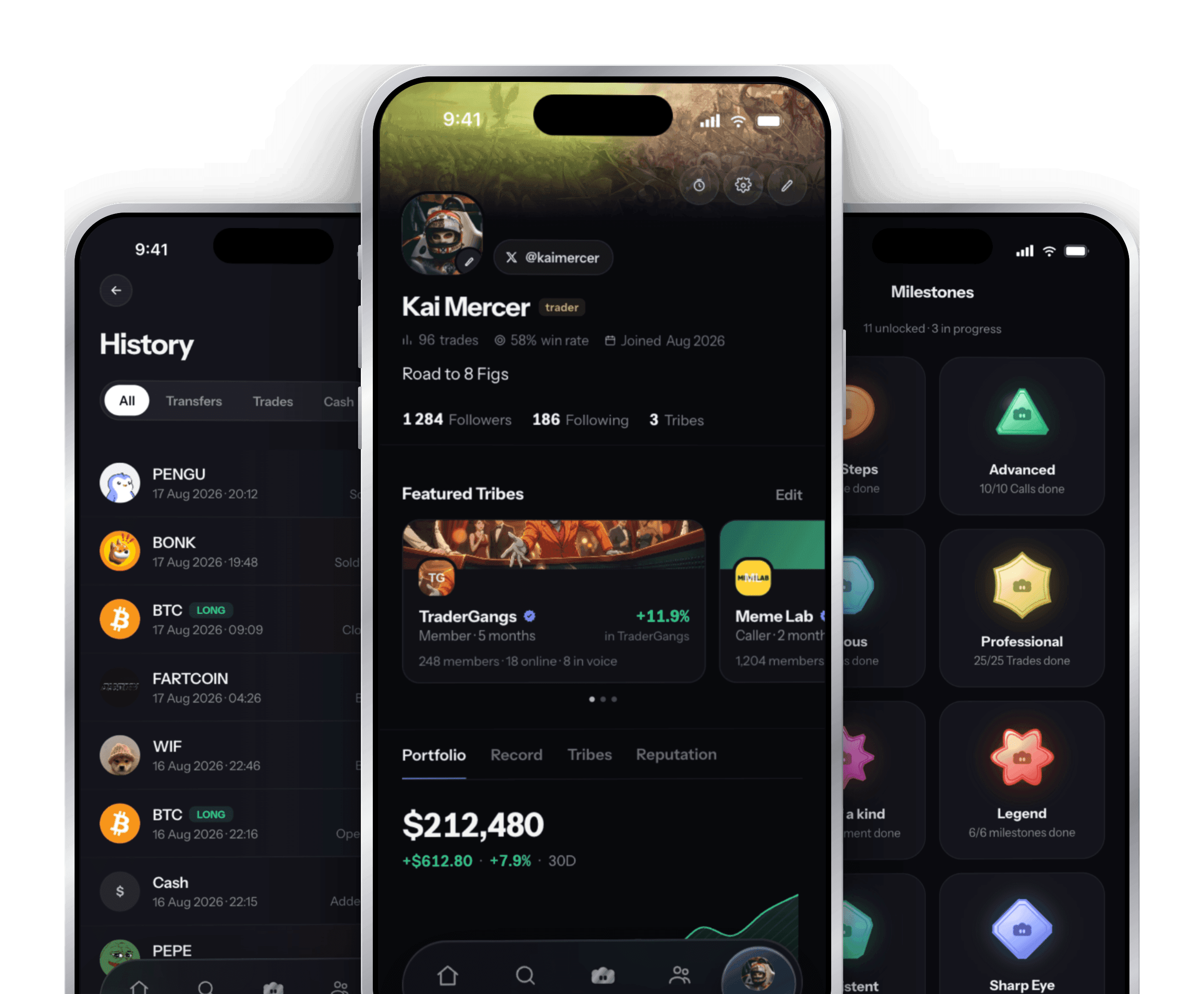 The Tribes app on three iPhones: transaction history, a member profile with featured tribes and portfolio, and the milestones screen