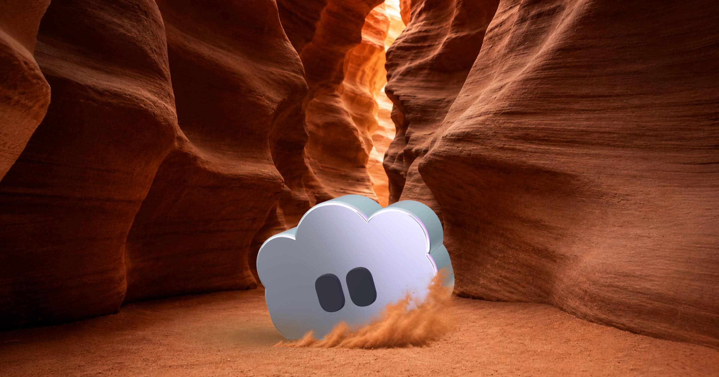 The Tribes mark, a rounded cloud, landing on the floor of a desert canyon and throwing up a cloud of dust